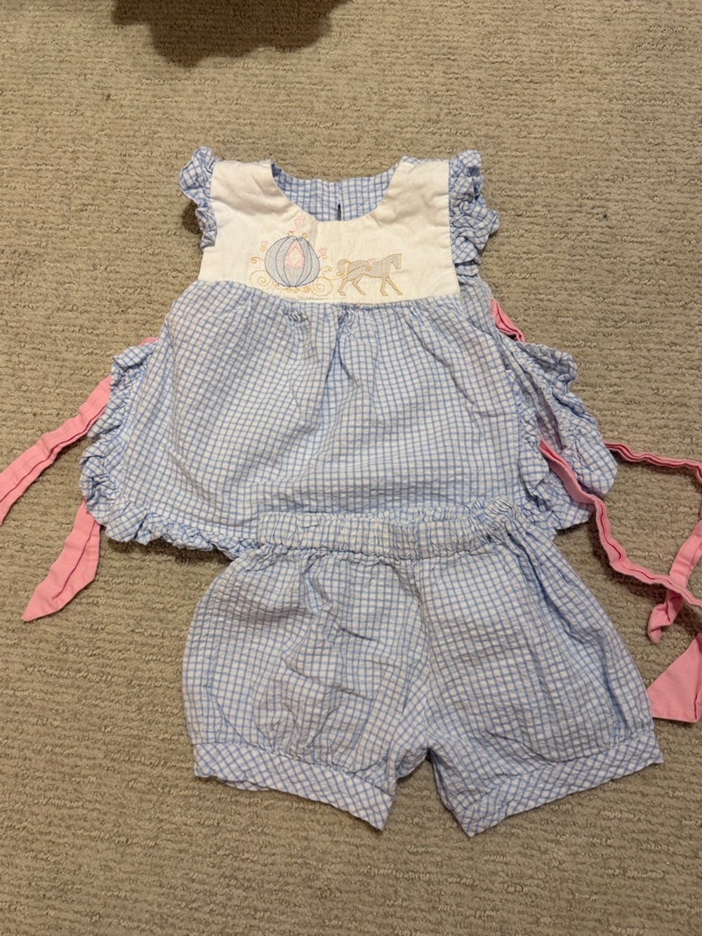 Blue Check Girls' Matching Top and Shorts Set with Pink Ties